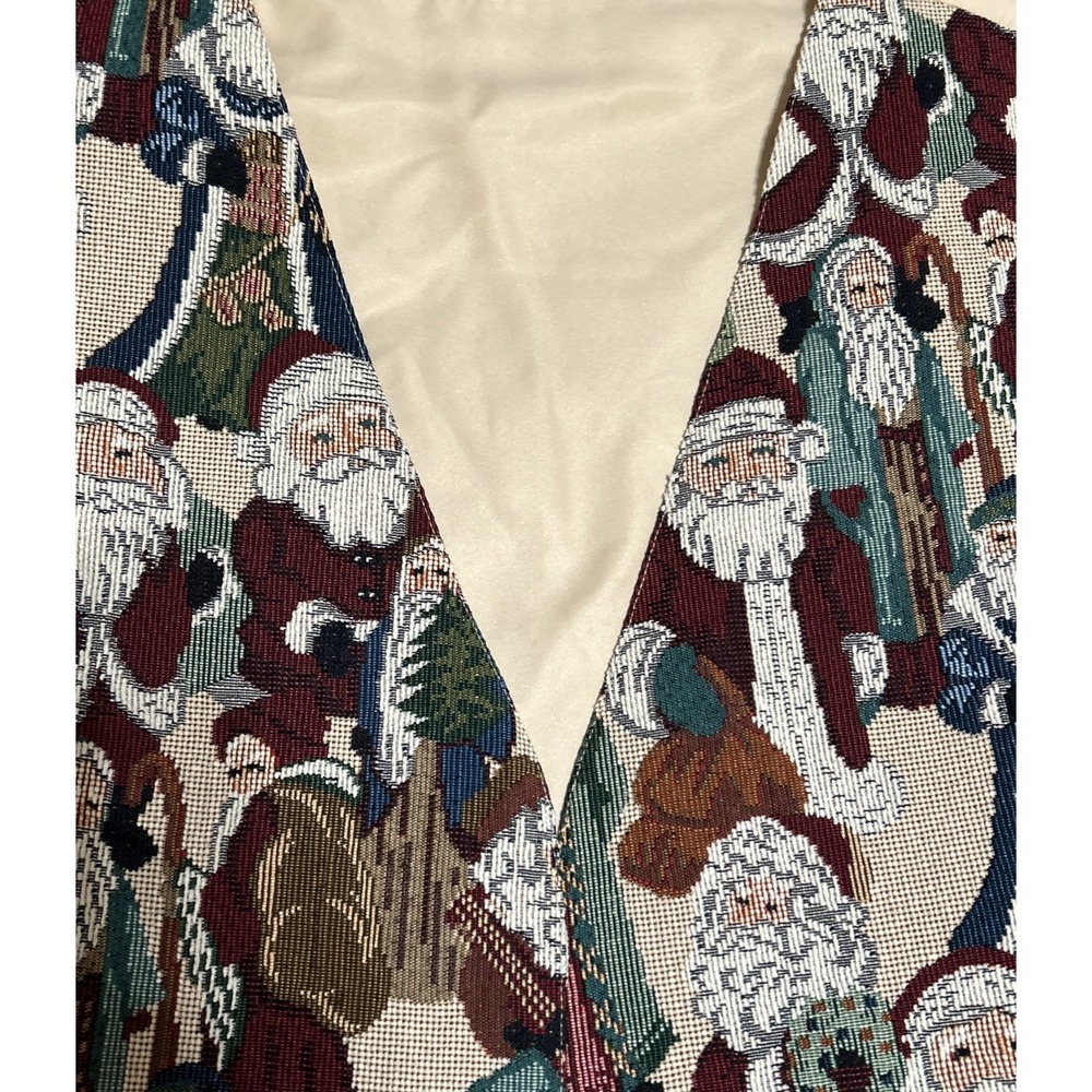 Tapestry Santa Claus Vest Cream Red Festive‎ Holiday Christmas Grandmacore Vtg - Picture 3 of 7